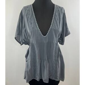 Johnny Was Love and Liberty Silk Gray Plunge VNeck Smocked Babydoll Blouse Top M